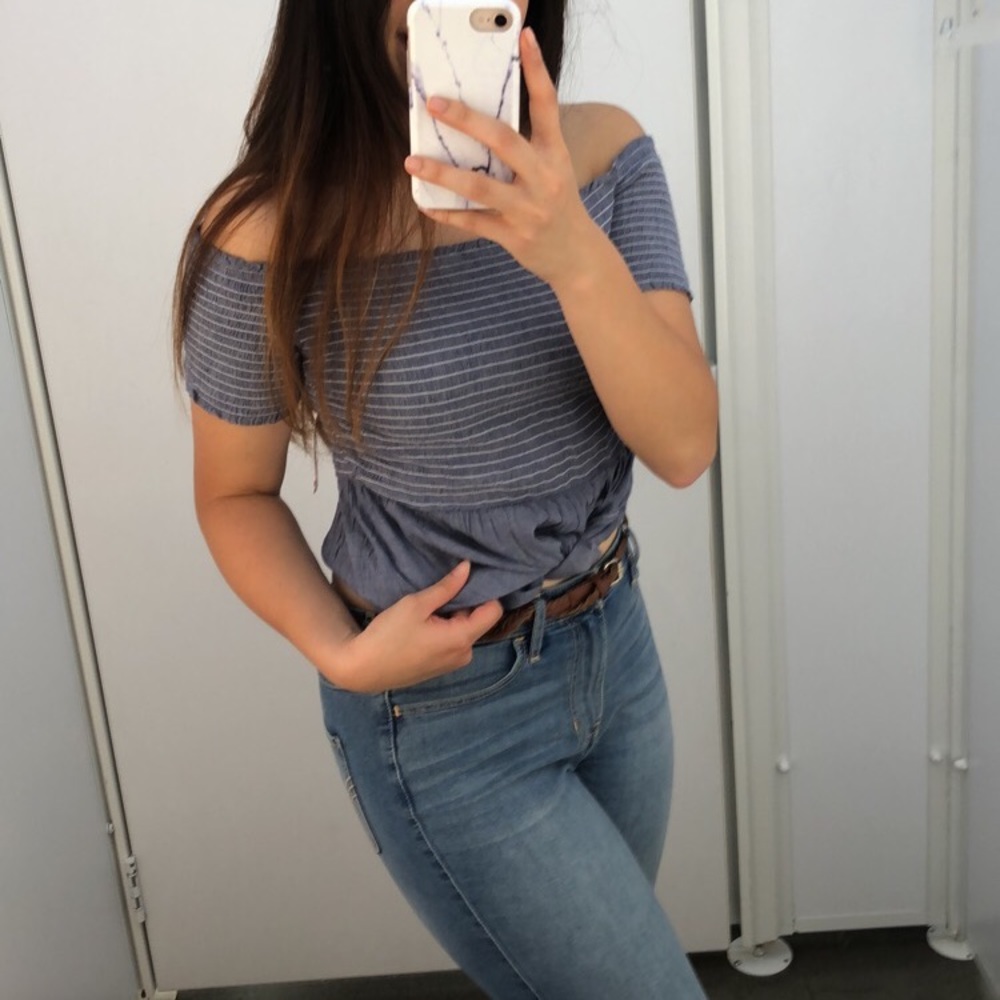 Blue off the shoulder peplum top